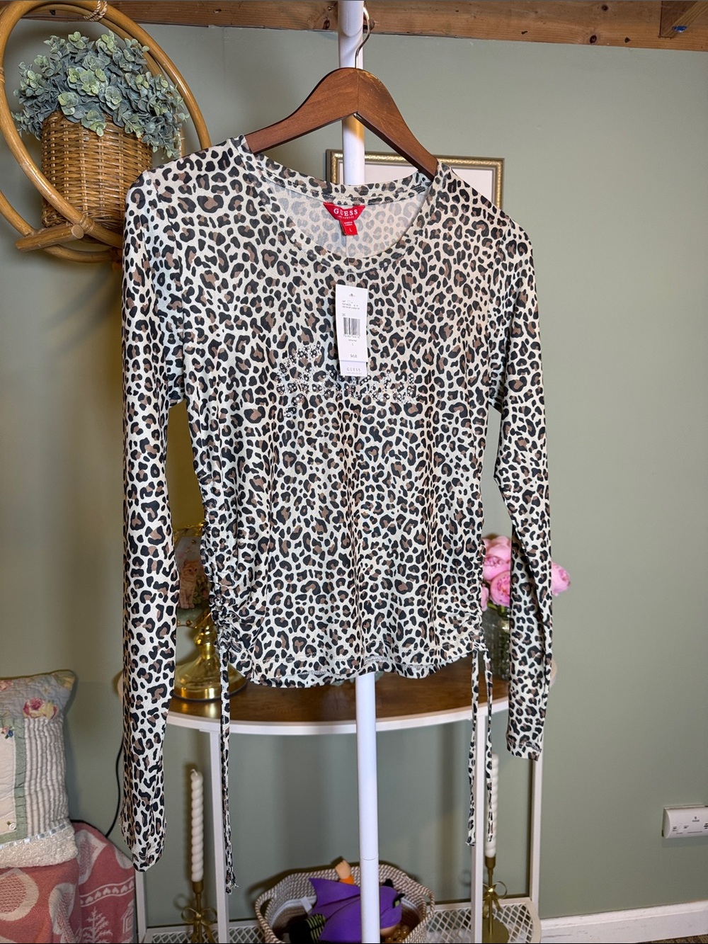 Guess Leopard-Print Long Sleeve Top in White and Brown